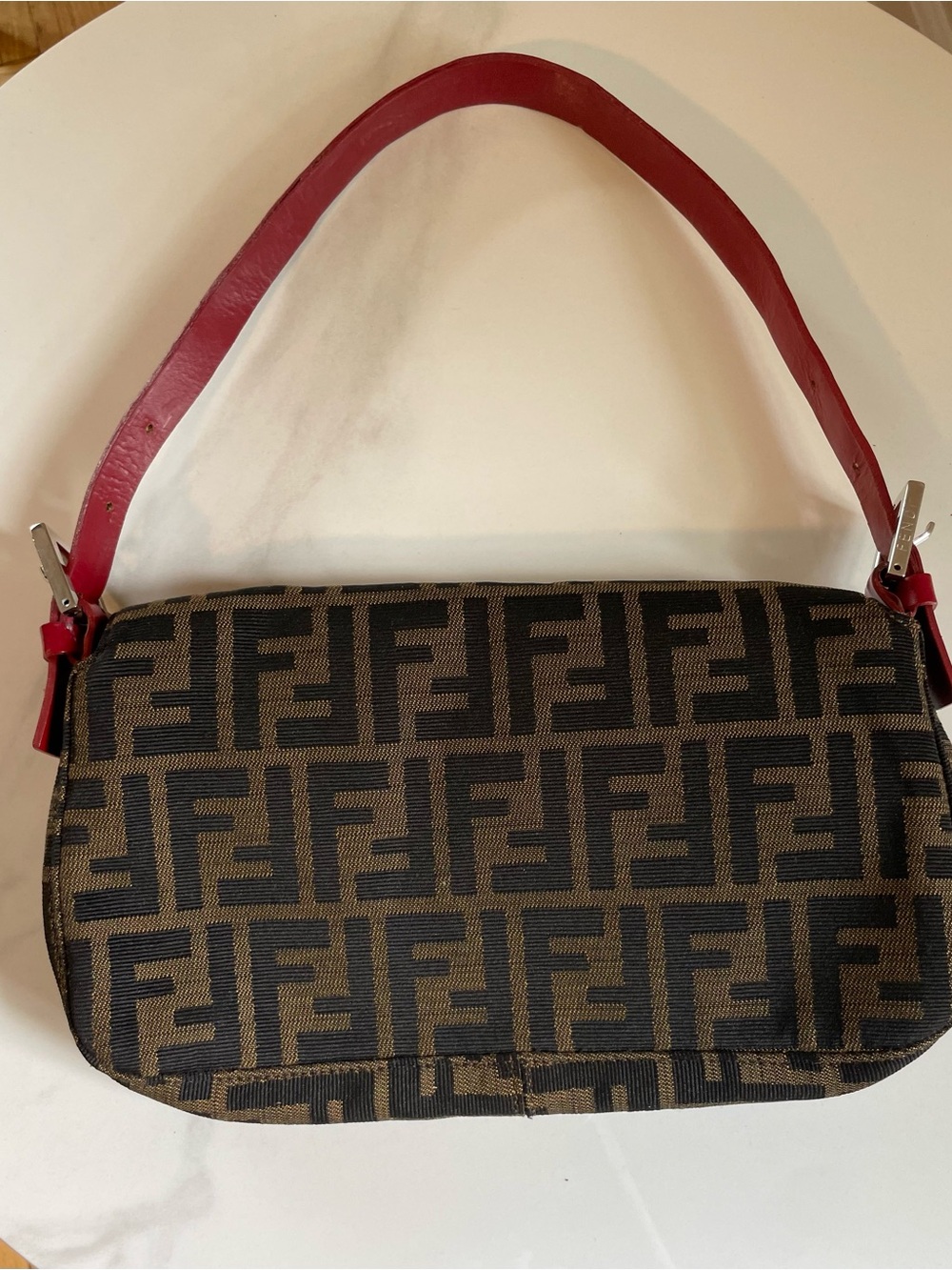 Fendi Zucca Baguette Brown Monogram Red Leather Shoulder Bag Authenticated - Picture 8 of 13